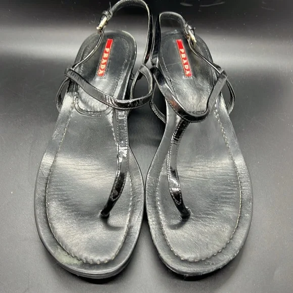 Prada Sport Black Patent Leather T-Strap Sandals size 8.5 - Picture 2 of 16